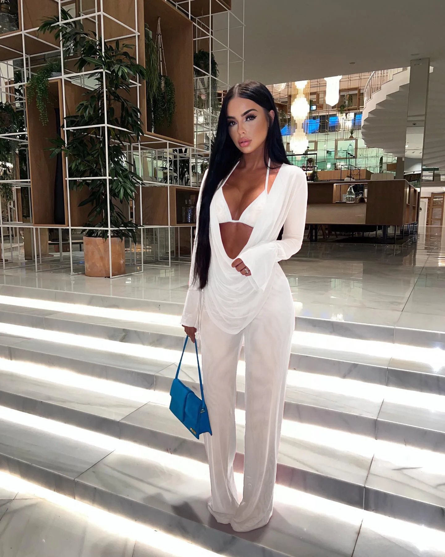 

Sexy Women's See-Through Set Halter Top And Long Sleeved Halter Top And Loose Pantsuit Fall Ladies Three-Piece Suit