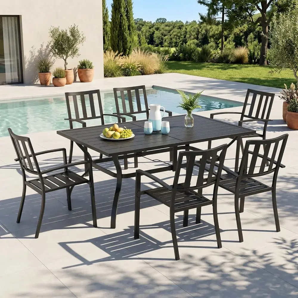 

7-Piece Metal Patio Furniture Set with Umbrella Hole, Outdoor Dining for 6