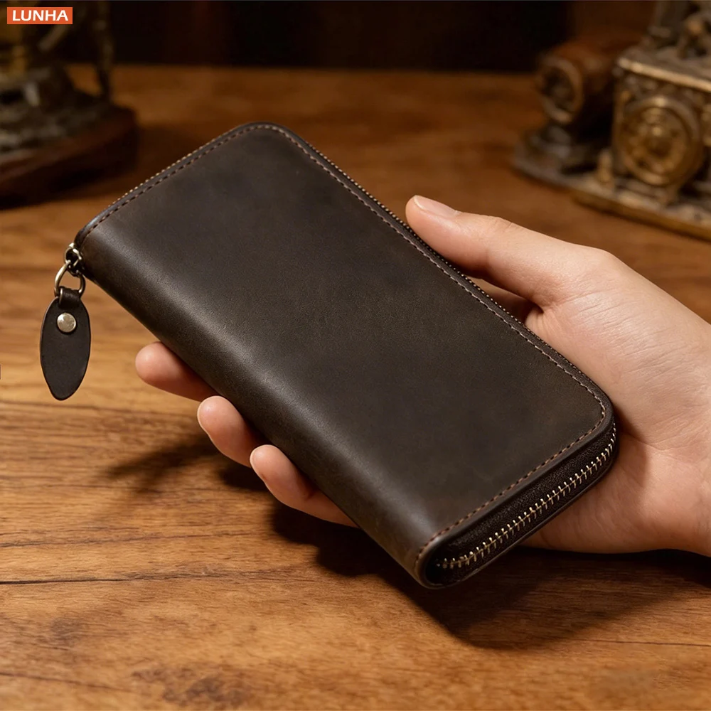 Vintage Genuine Leather Wallet Men's RFID Blocking Long Purse with 8 Card Slots Zipper Card Holder Bag Business Daily Style