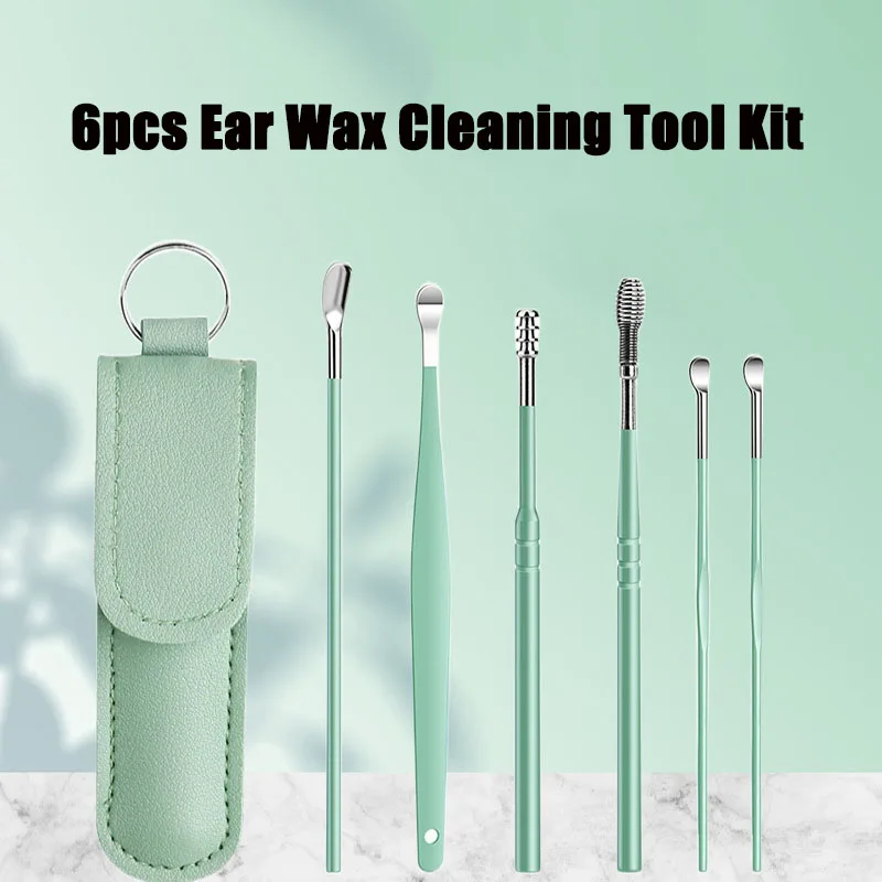 6pcs Ear Wax Cleaning Tool Stainless Steel Spiral Earpick Ear Digging Spoon Set Ear Cleaner Care Ear Picking Tool Earwax Cleaner