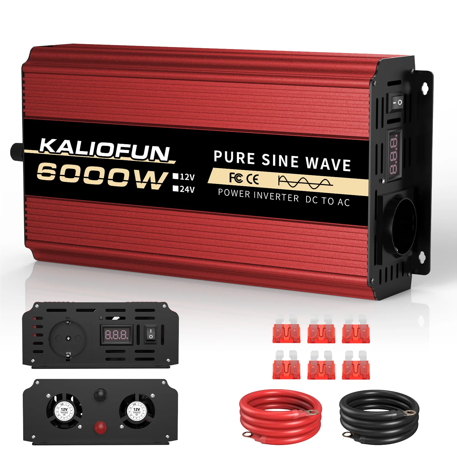 KALIOFUN Reiner Sinus-Wechselrichter 1000W/2200W/3000W/4000W/5000W/6000W/8000W/10000W DC 12V zu AC 220V 50HZ Wechselrichter Ladegerät Konverter Adapter EU-Stecker