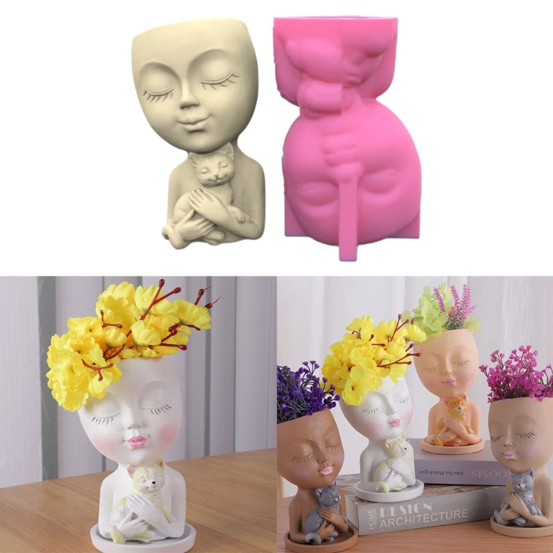 Cat Girl Gypsum Flower Pot Silicone Resin Mold Epoxy Resin Casting Mold Succulent Vase Cement Mold Holder Mold Dropship