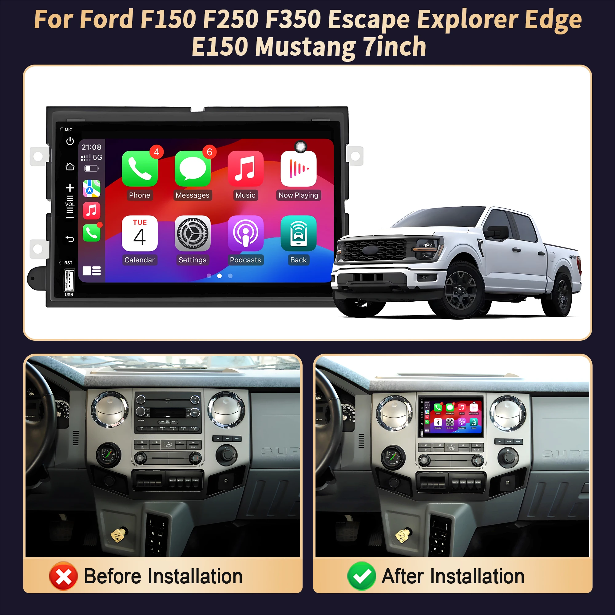 7 inch Car Radio For Ford F150 F250 F350 Escape Explorer Edge E150 Mustang 4G Wireless Bluetooth CarPlay Head Unit Touch Screen