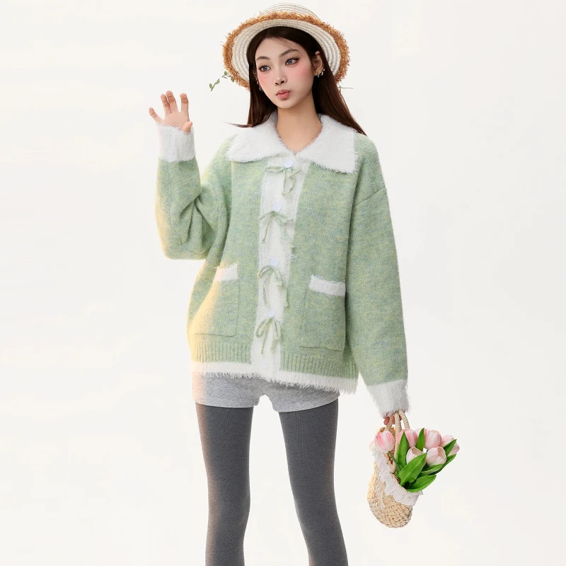 الأمريكية الرجعية بدوره إلى أسفل طوق محبوك المرأة سترة الخريف الشتاء تصميم جديد كلية الدافئة الحد من العمر سترة معطف السيدات #2