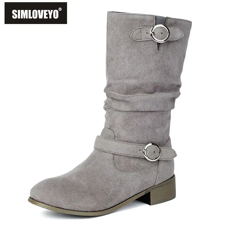 

SIMLOVEYO брендовые дизайнерские плиссированные женские сапоги до середины икры с круглым носком на массивном каблуке 3 см, без шнуровки с пряжками на ремне, большие размеры 46-48, осень