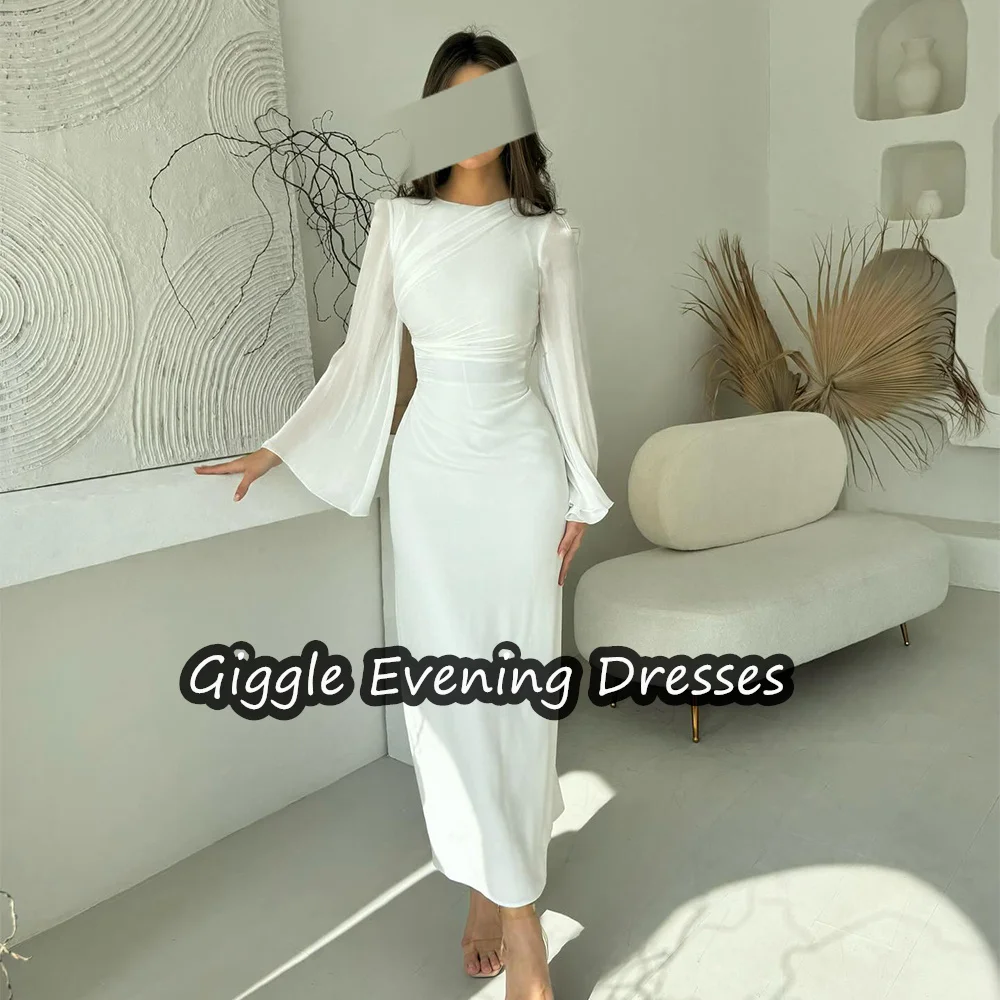 Giggle Chiffon Sheath O-neck Long Sleeves Simple Prom Gown Saudi Arab Ankle Length Elegance Evening Party Dresses for Women 2024