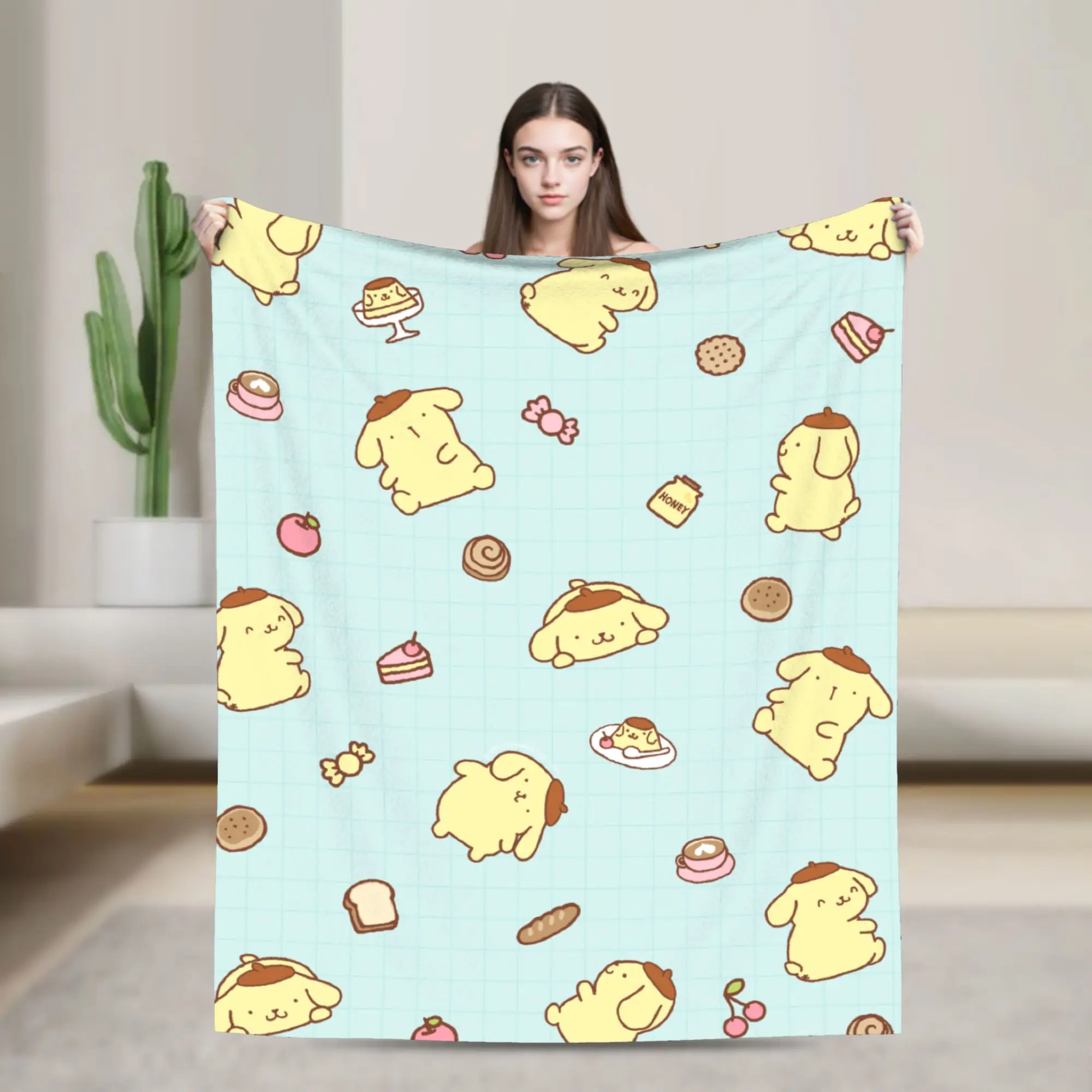 

Pompompurin Blankets Flannel Spring/Autumn Hello Kitty Portable Warm Throw Blankets for Sofa Couch Bedding Throws