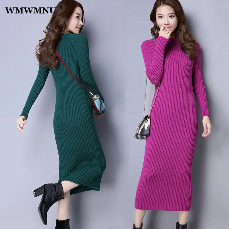 Schlanke langärmlige gestrickte einteilige Kleid sexy Frauen Herbst Winter koreanische Pullover Kleider Midi Bottom ing Bodycon Vestidos neu