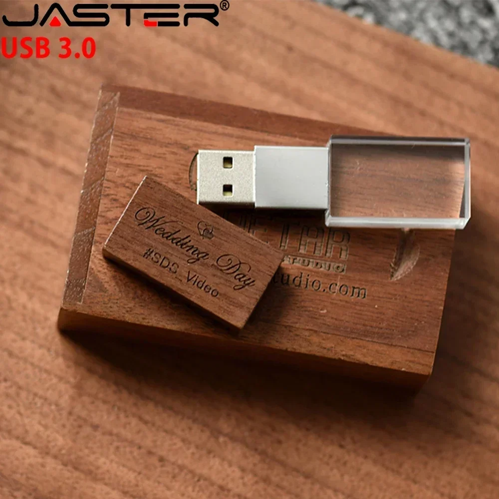 JASTER 10PCS/LOT USB 3.0 Flash Drives 128GB Wooden box Crystal Free Logo 64GB Pen Drive Memory Stick 32GB Creative gift U disk