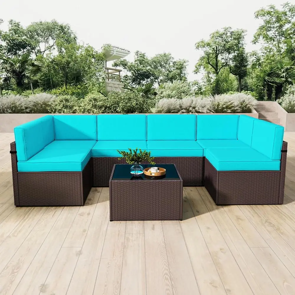 

7 Pieces Modular Patio Conversation Set - Outdoor Sectional Sofas with All-Weather Wicker, Thick Cushions & Glass Table for Gard
