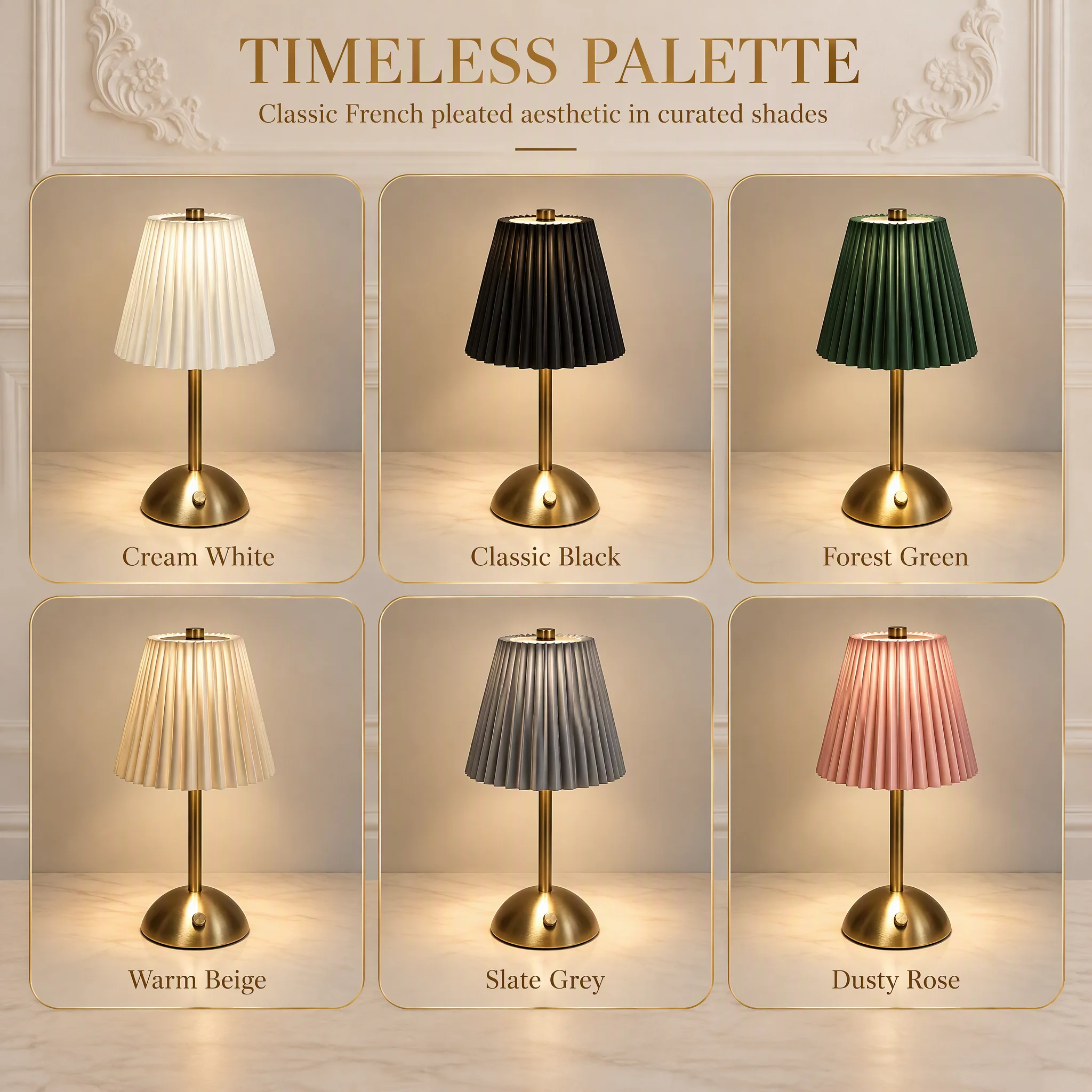 RechargeablePleated Fabric TableLamp,Touch SteplessDimming3Light Modes,Brass BaseCordless Desk Lamp for Bedroom Dining RoomDecor