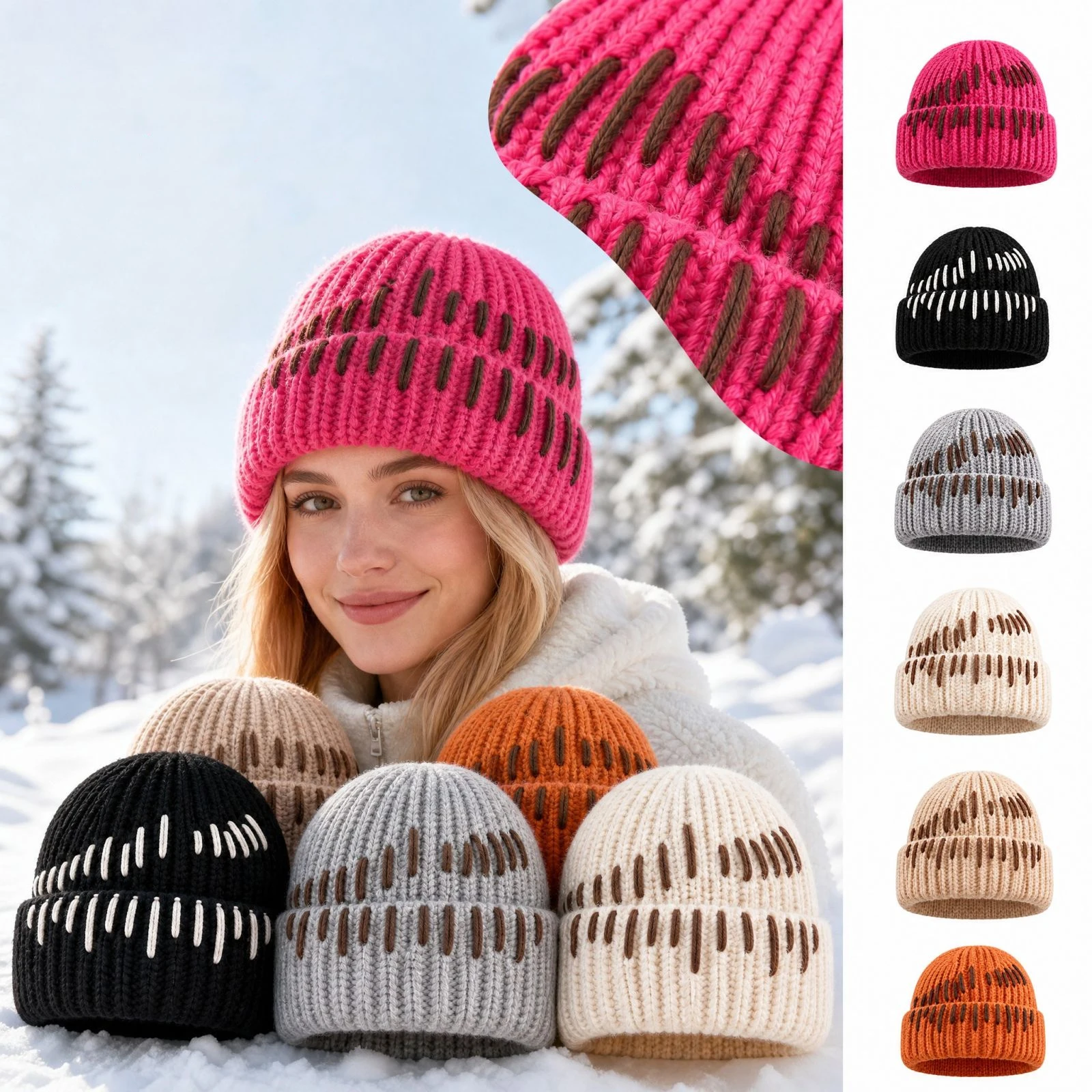 Women's Color Block Beanie Thickened Warm Windproof Skull Cap Cold Weather Thermal Headwear Outdoor Winter Hat