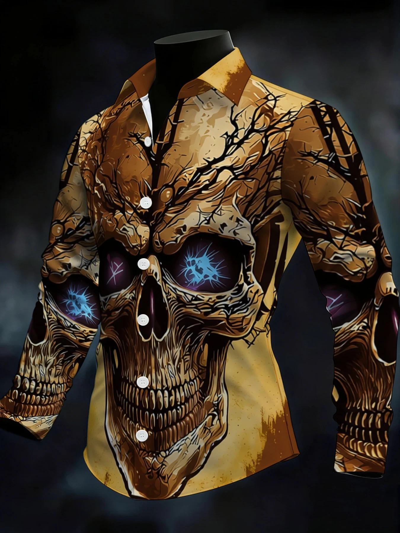 Fashion Men Button-Up Shirt Horror Cracked Skull Glowing Eyes Art Pattern Polyester Halloween Festival