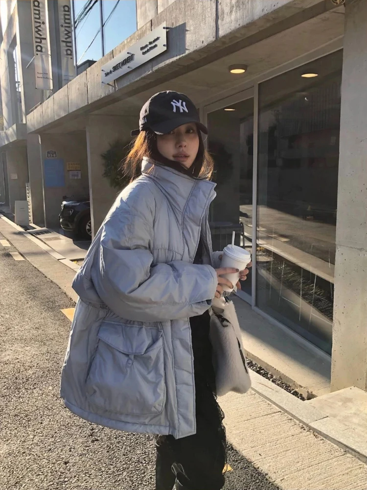 سترة منتفخة بغطاء للرأس كبيرة الحجم للنساء من Warmth بياقة واقفة مع أغطية كبيرة كاجوال Sle Thiened Duc...