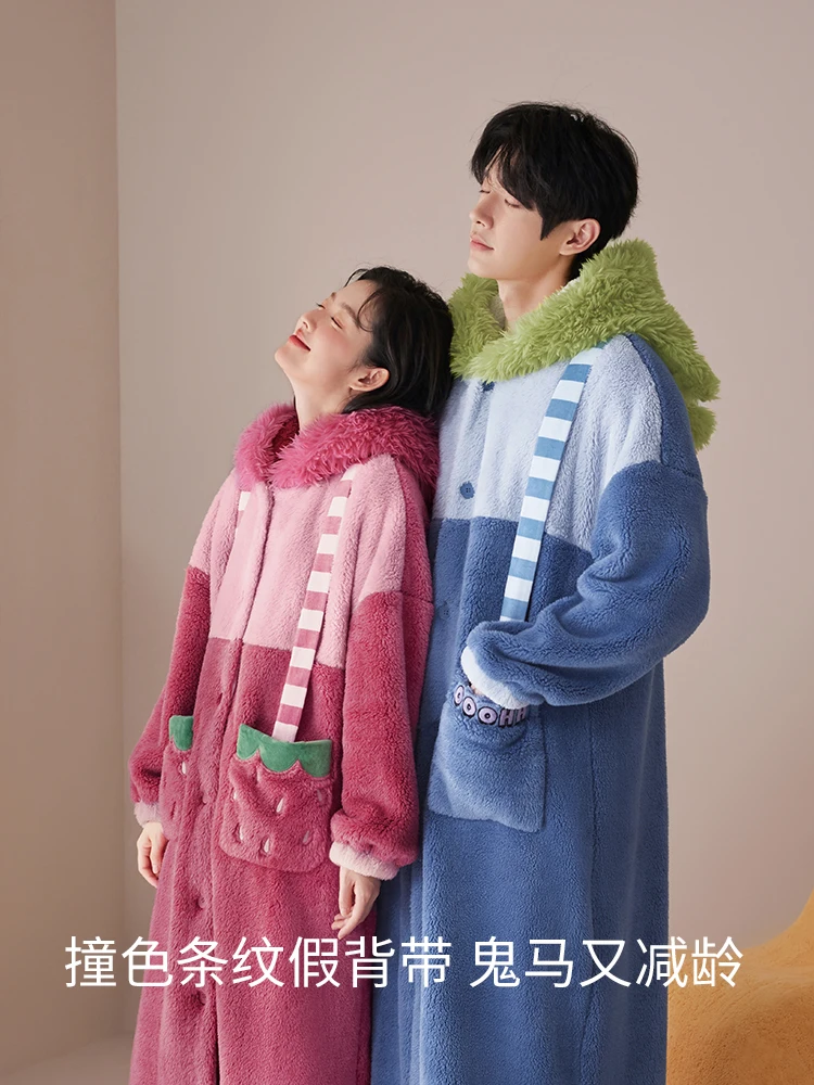 Cartoon Long Nightgown Women's Winter Coral Fleece Thermal Pajamas Cute Loungewear Robes Bathrobe Sleepwear