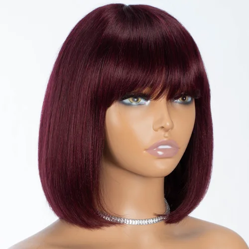 Imagen 1 del producto Pelucas de cabello brasileño Remy liso Bob elegante de 10 pulgadas con flequillo pelucas de cabello humano rojo 99J para mujeres 100% peluca Natural lista para usar