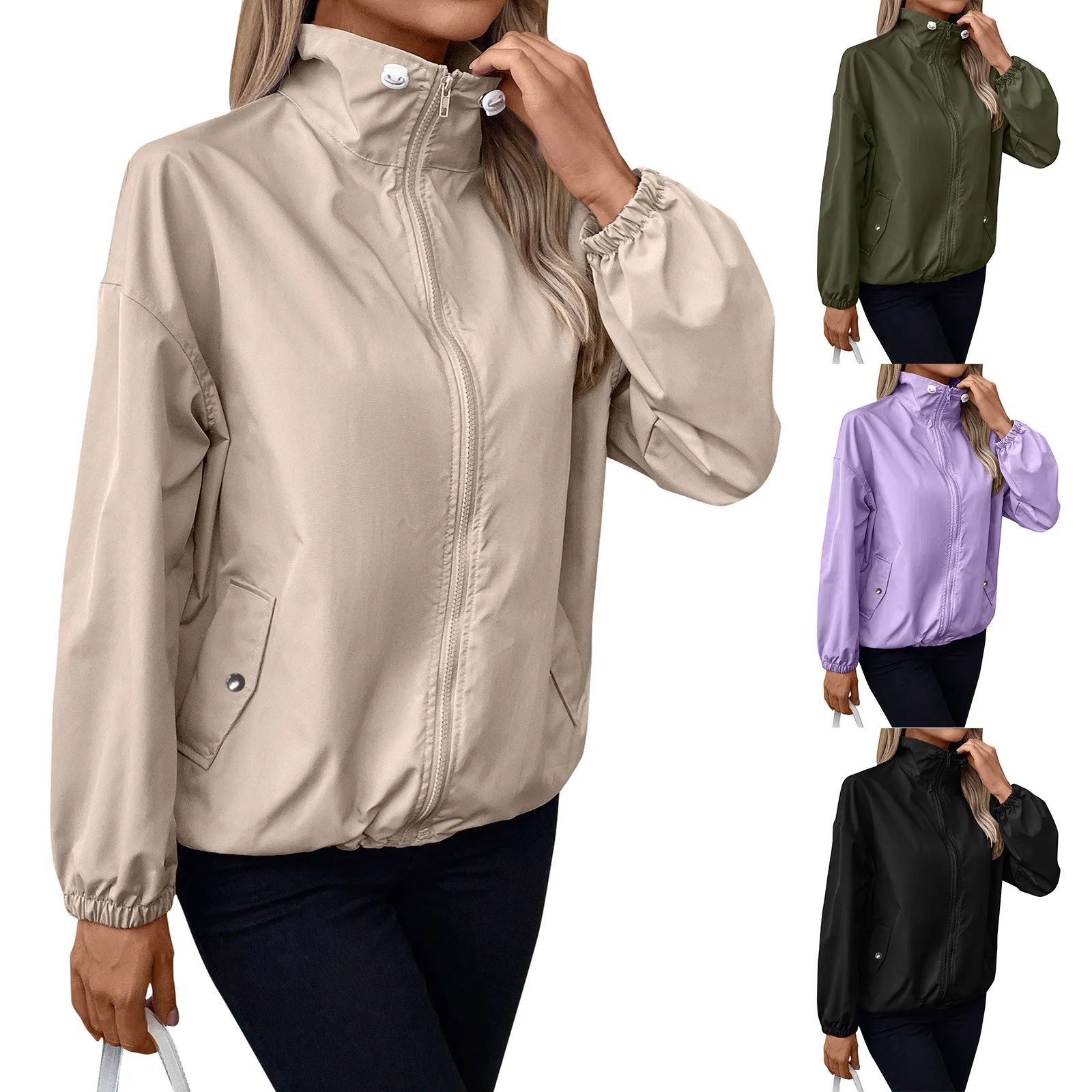 Women'S Waterproof Jackets Spring Autumn Outdoor Sports Casual Long Sleeve Zip Jackets Drawstring Fitting Crop Jackets