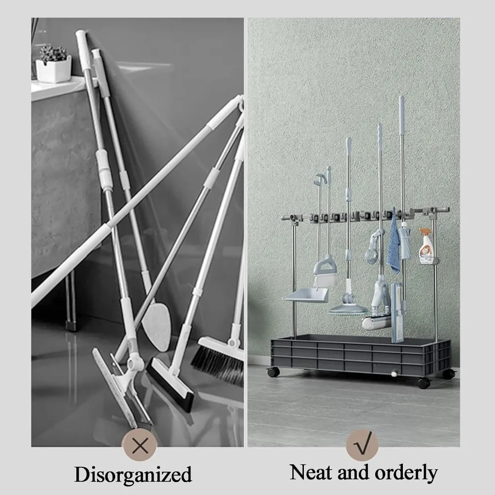رف تخزين المكنسة والممسحة المحمول، تخزين أدوات الحديقة الخارجية، عربة أدوات التنظيف متعددة الاستخدامات، أداة تنظيف قائمة بذاتها St