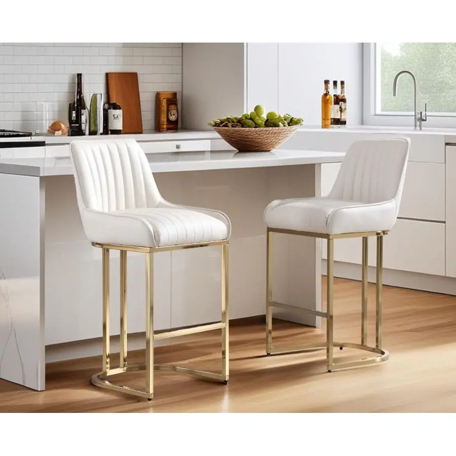 

Комплект из 2 барных стульев для кухонного острова с высокой спинкой, современные, с золотыми ножками, кожаные, удобные, в полоску