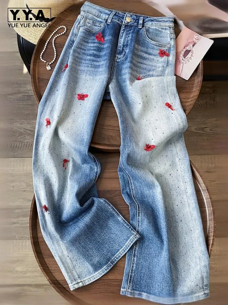 

Leisure Ladies High Waist Wide Leg Denim Pants Solid Color Pockets Beading Trousers Fashion Button Red Sequins Female Jeans