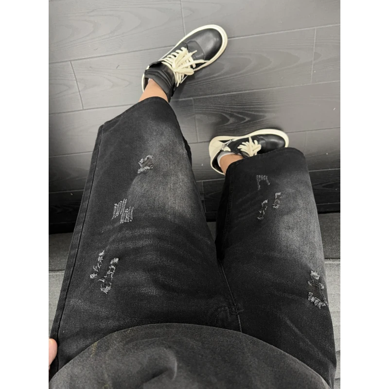Unisex American Ins High Street Loose Straight Seven-Point Jeans Ripped Distressed Denim Shorts Summer Casual Streetwear view 4