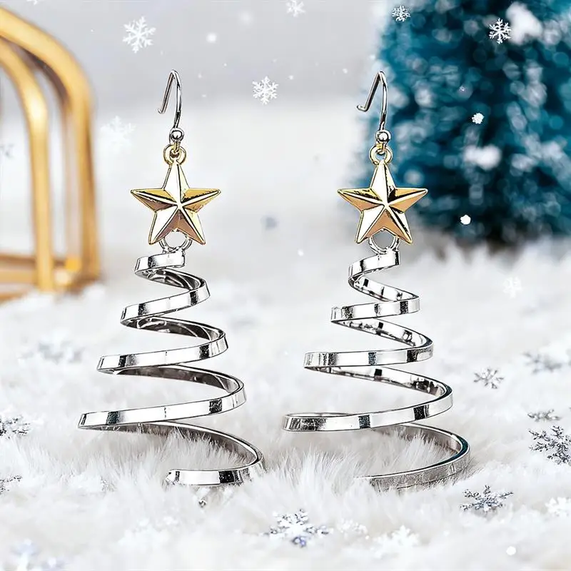 Huitan – boucles d'oreilles pendantes élégantes pour femmes, design en spirale avec ruban, accessoires en métal bicolore pour fête de Noël, bijoux de Noël