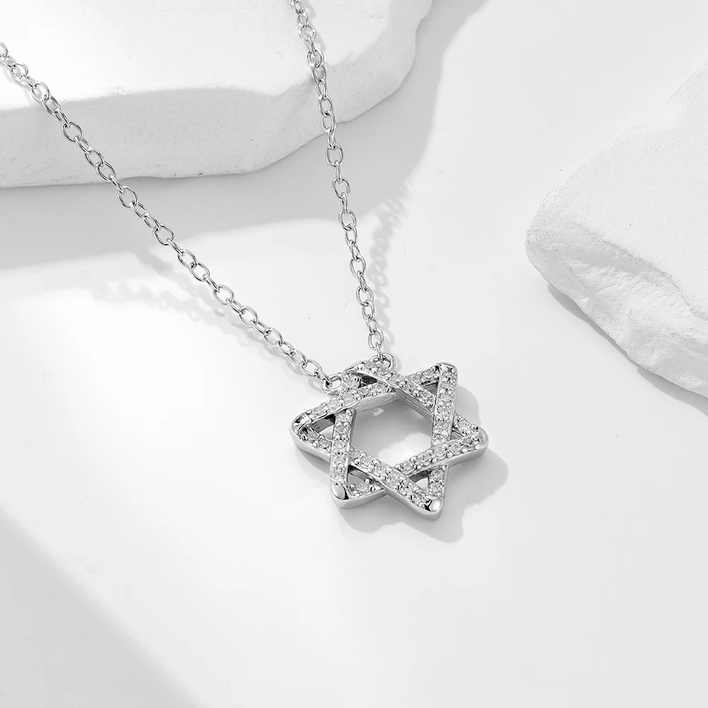 925 Sterling Silver 14K Gold Plated Cz Zircon Star of David Six-Pointed Star Pendant Necklace