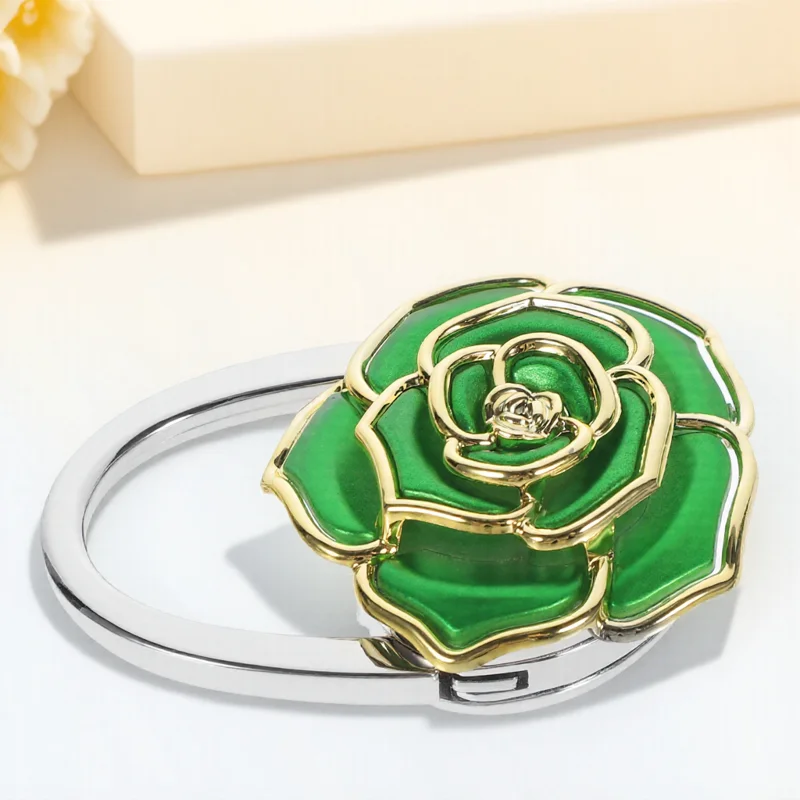 

Rose Flower Folding Handbag Purse Hanger Table Hook Holder Green Zinc Alloy Acrylic Foldable Portable Bag Hook For Office Cafe