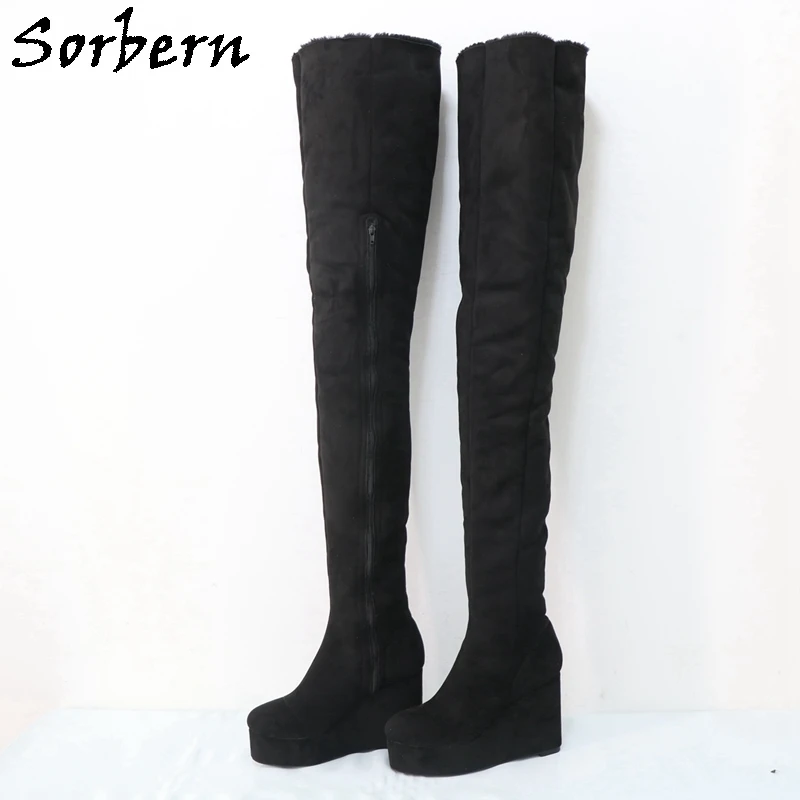 Sorbern 97cm Long Brown Crotch Thigh High Boots Unisex Thick Fake Fur Wedges High Heel Platform Shoes Fetish Unisex