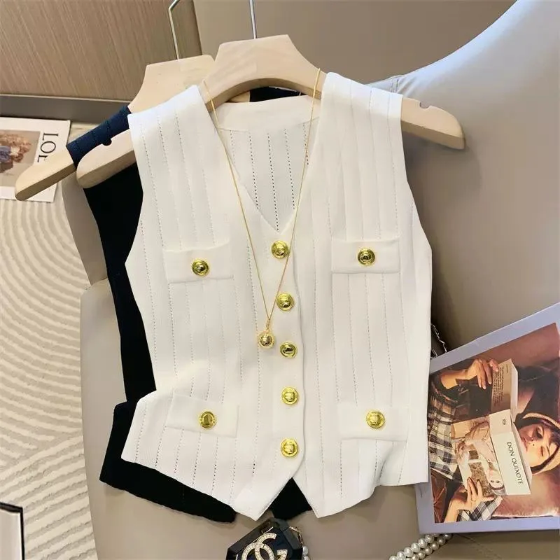 Women Summer Y2K Clothes Sleeveless V Neck Sexy Tanks Camis Crop Vintage Cool Girl Knit Korean Fashion Sweater Tee