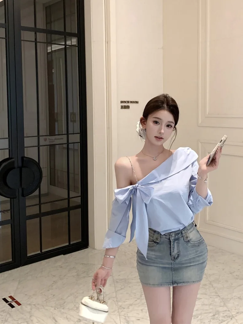 

Синяя рубашка с длинными рукавами Kumikumi, женская модная рубашка с завязками на плечах, сексуальный облегающий топ, универсальная повседневная рубашка на весенний сезон