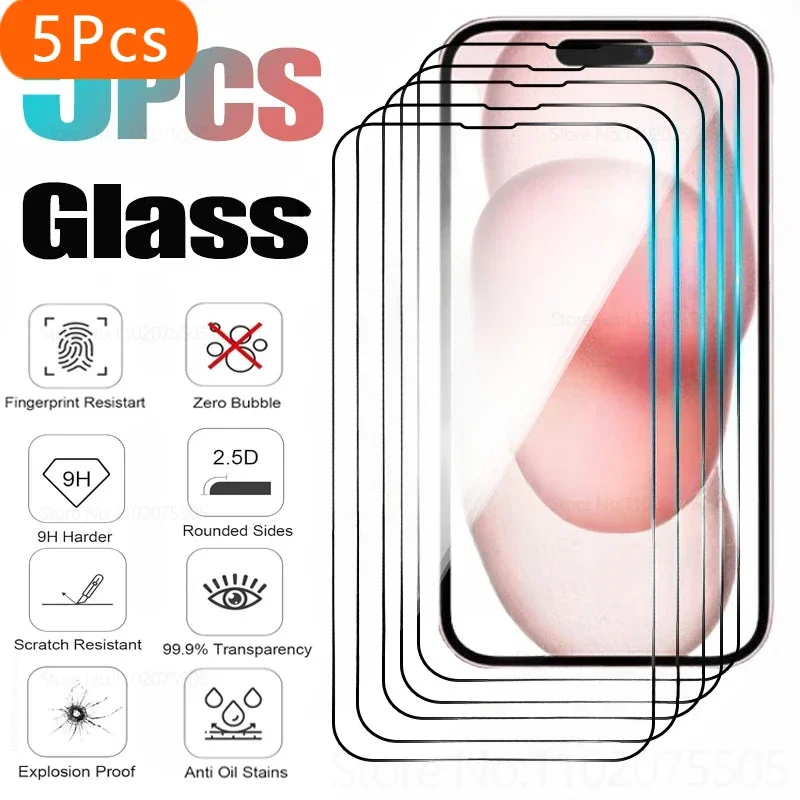 

5pcs Tempered Glass For iPhone 14 13 12 11 15 Pro Max Mini Screen Protector For iphone 7 8 6 Plus X XR XS Max Protective Glass