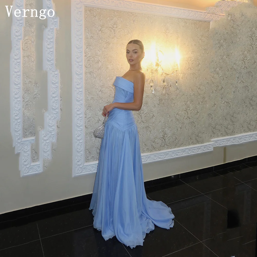 

Verngo Sky Blue Prom Gowns Strapless A Line Formal Occasion Dresses Women Elegant Modest Evening Dress Customized