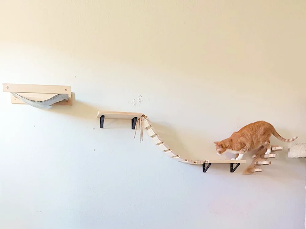 Cat Wall Mounted Climbing Wood Furniture Stairway with Hammock Cats Platform and Scratching Post for Kitten Playing and Rest