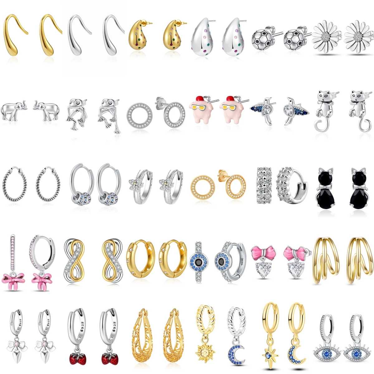 925 sterling silver Teardrop Animal Flower Bow Evil Eye Elephant Frog Pig Sun Moon Cherry  Earrings Women Fashion Jewelry