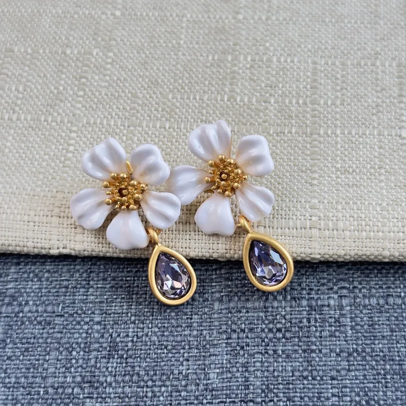 Vintage Floral Enamel Earrings with Crystals, Earrings Studs for Women, Fashion Jewelry, Unique Gifts