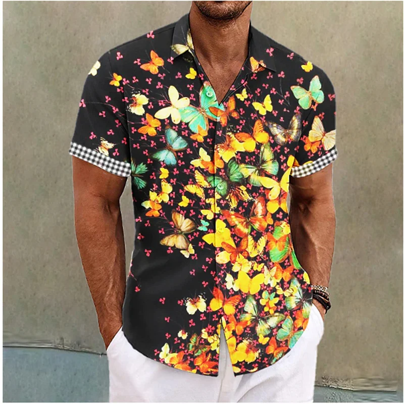 

Summer Floral Butterfly Pattern Hawaiian Shirt For Men Full Print Short Sleeved Seaside Beach Shirts Holiday Aloha Shirt