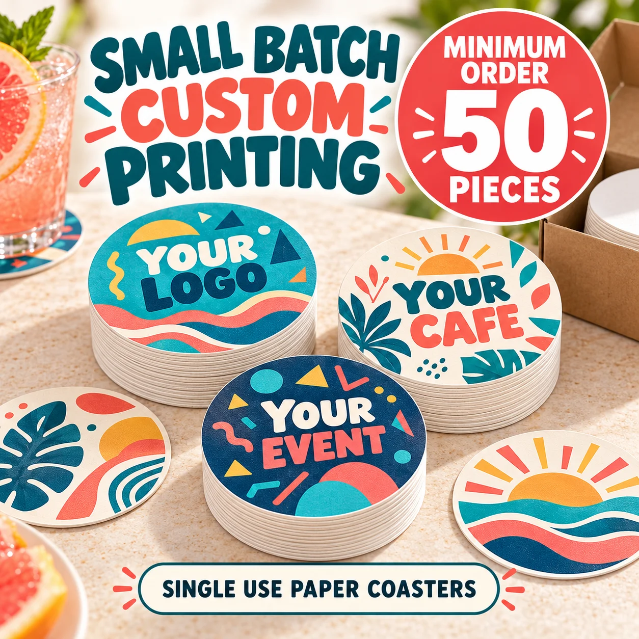 50pcs Minimum Custom Disposable Paper Coasters For Corporate Events Logo Printing Bulk Personalized Business Promotional Gifts