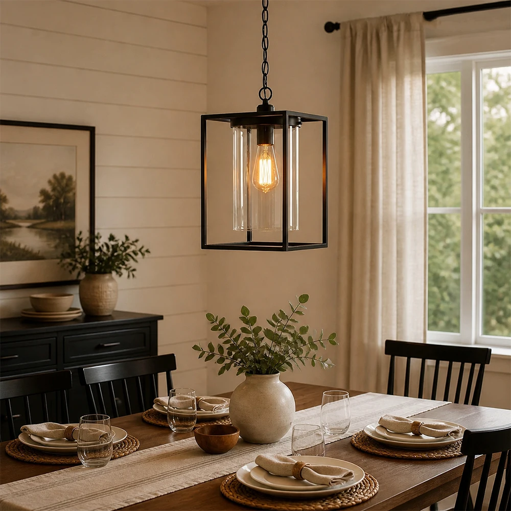 1 Pack Industrial Pendant Light for Kitchen Island, Black Farmhouse Hanging Light Fixture, Modern Metal Cage Lantern Chandelier with Glass Shade for Dining Room, Entryway(not included bulbs)