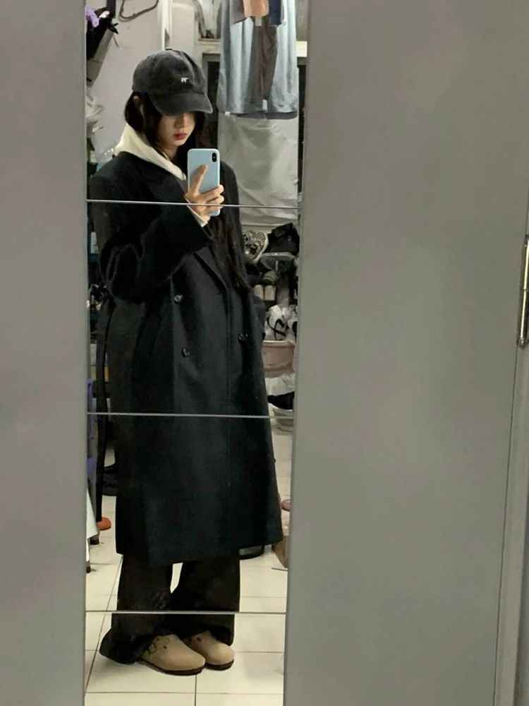 

Korean Hepburn Sle Men's Woolen Coat Autumn Winter Ele Long Double Breasted Suit Jaet Bla Faionable Casual Coat