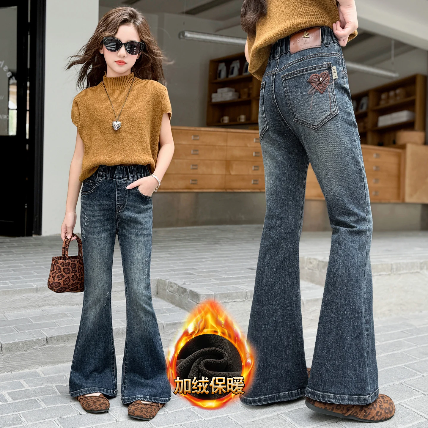 

Winter Kids Clothes For Girls Insulated Warm Jeans for Children Thermal Flare Jeans Elegant Boot Cut Denim Pants Trousers 4-14Y
