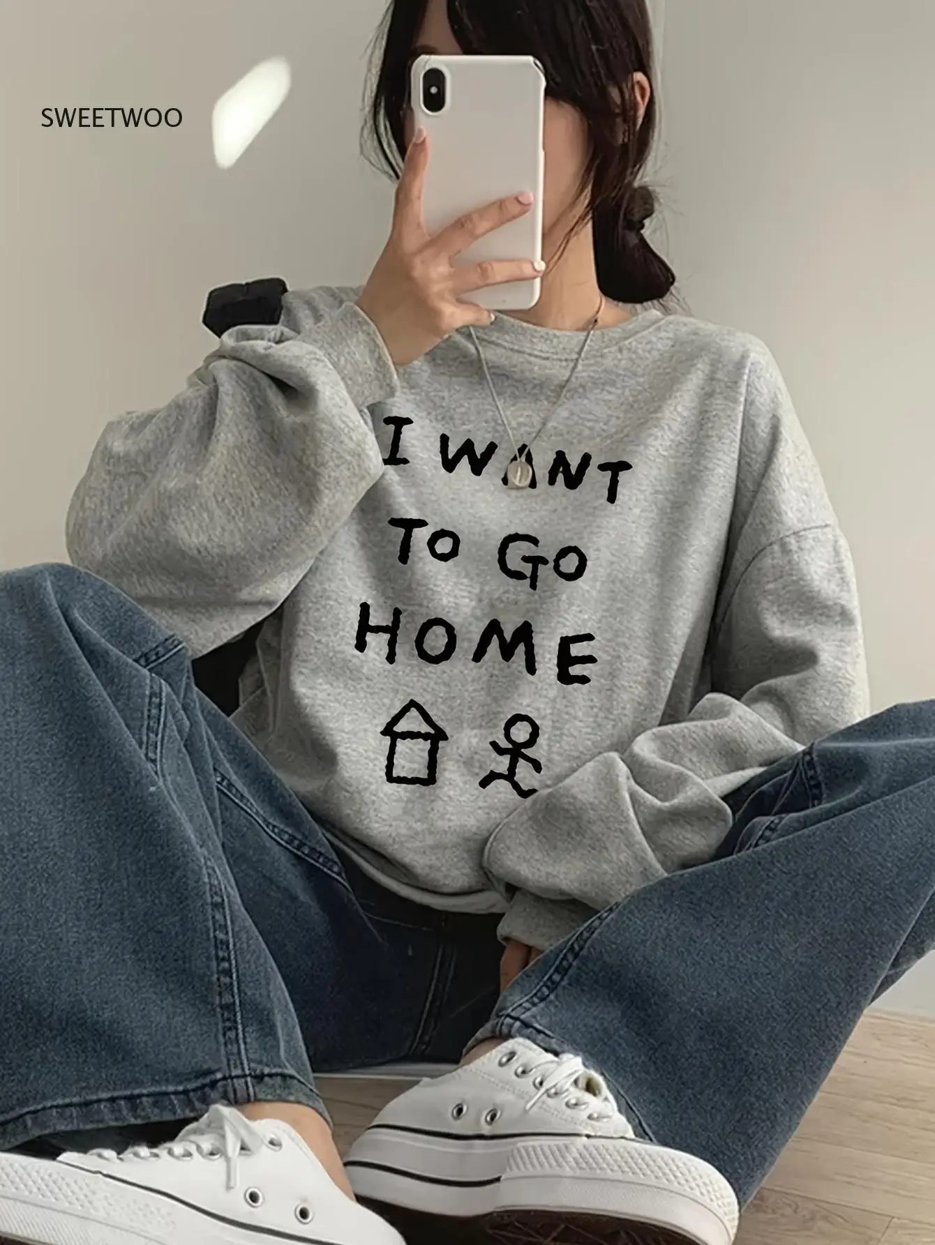 

Новое поступление 2025: женская толстовка без капюшона с круглым вырезом в американском ретро-стиле, осенне-зимнее издание - модная повседневная верхняя одежда