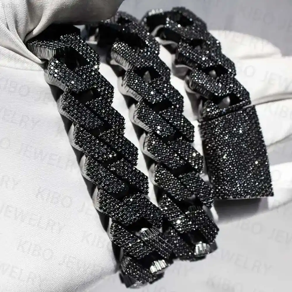 

Hot-sale 18mm 20mm Black Plated 2 Rows High Quality Sterling Silver Ice Out Black Cuban Link Chain Moissanite