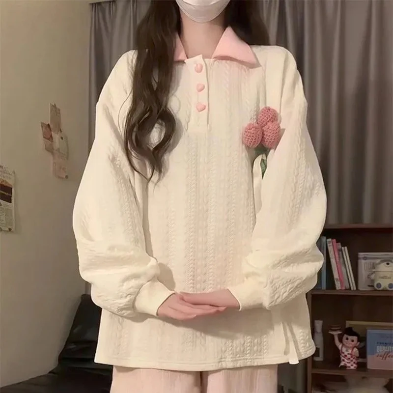 Women Coquette Polo Sweatshirt White Textured Pullover 3D Flower with Ribbon Long Sleeve Oversized Cute Spring Autumn Top
