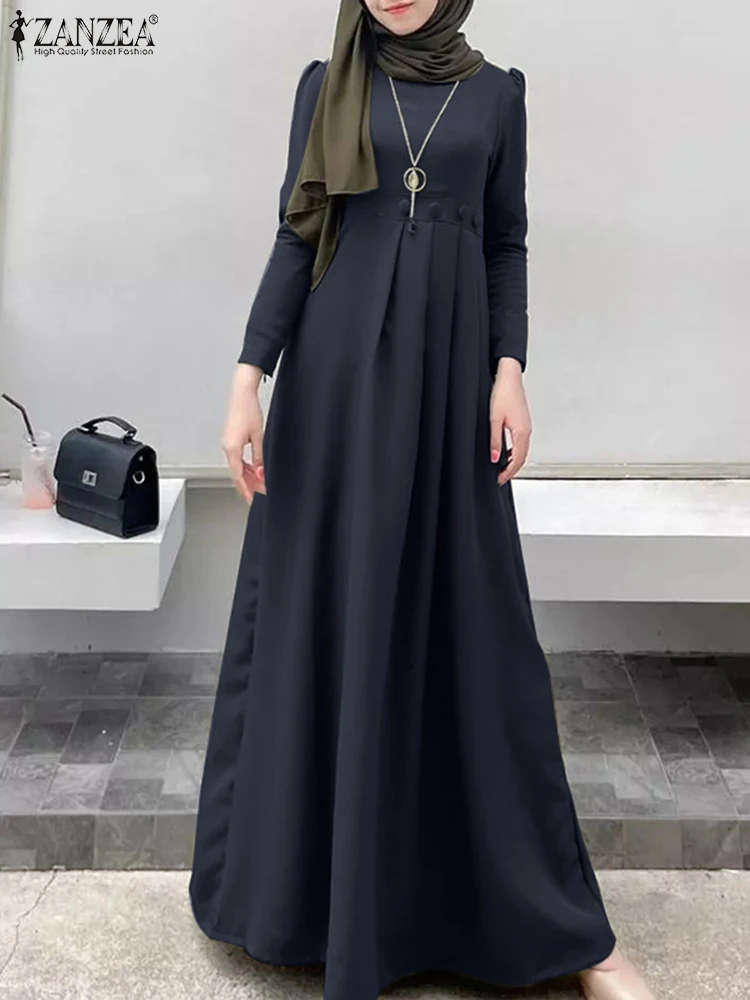 ZANZEA Womens Muslim Maxi Dress Turkey Abaya Autumn Long Sleeve V-Neck Solid Color Robe Party Casual Elegant Loose Long Sundress