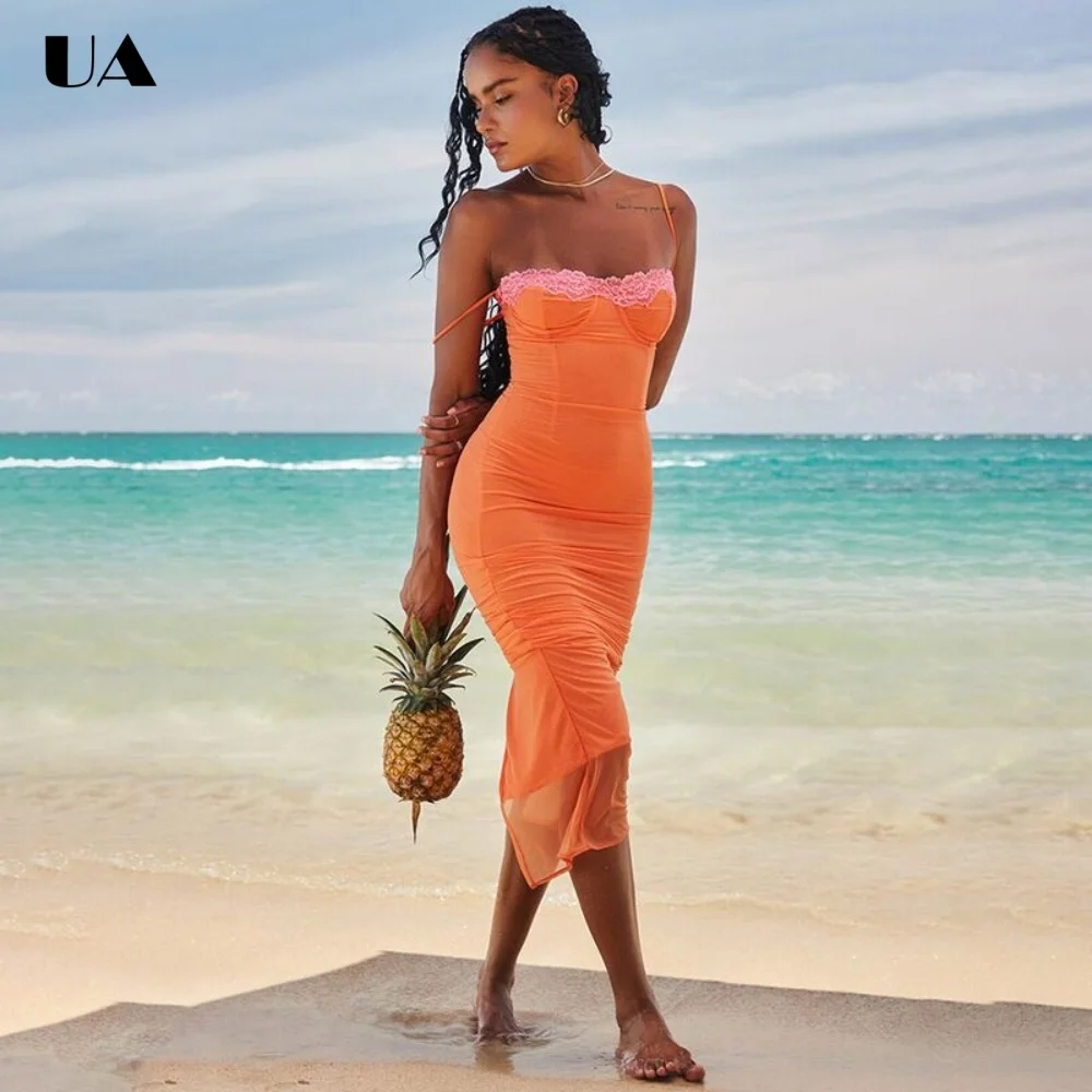 

Trendy Lace Strapless Maxi Dress with Spaghetti Strap, Sexy Backless Long Dress for Woman, Fashionable Sleeveless Party Dress