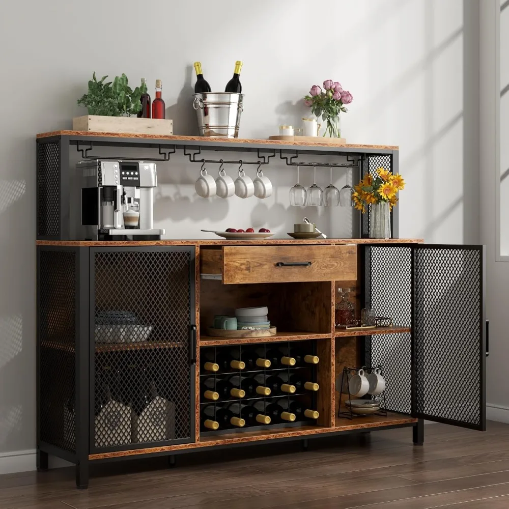 Wine Bar Cabinet with Drawer and LED Lights, 55 Inches Industry Coffee Bar Cabinet with Wine Rack and Glass Goblet Holder