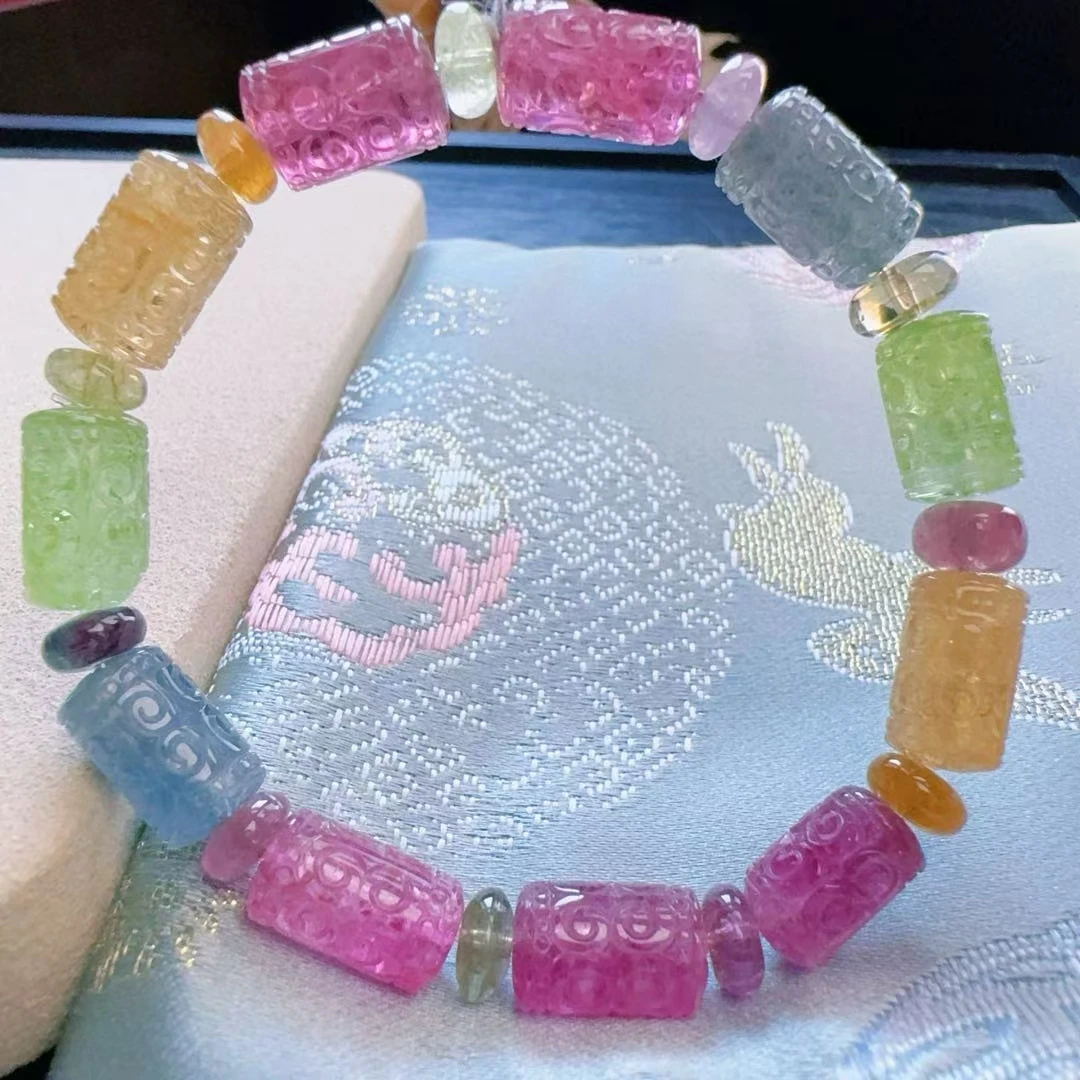 Natural Colorful Tourmaline Clear Barrel Carved Beads Bracelet 13.5/8mm Brazil Green Red Watermelon Tourmaline Women Men AAAAAAA