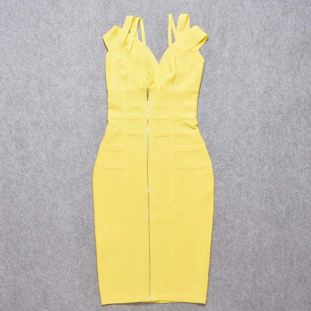 HQBORY 2024 summer women mid-length yellow bandage dress sexy ladies sleeveless strap V-neck bodycon party fashion dress vestido