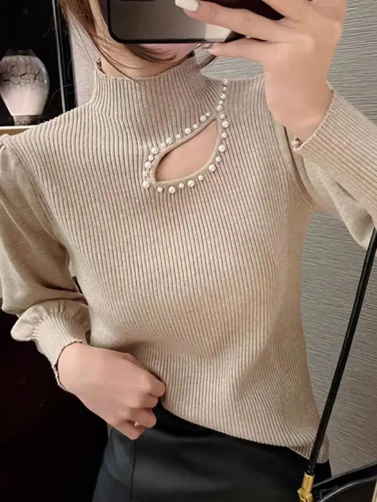 

2024 Hollow-out Beading Turtleneck Slim Jumper Soft Warm Pull Femme Autumn Winter Sweater Women Knitted Ribbed Pullover